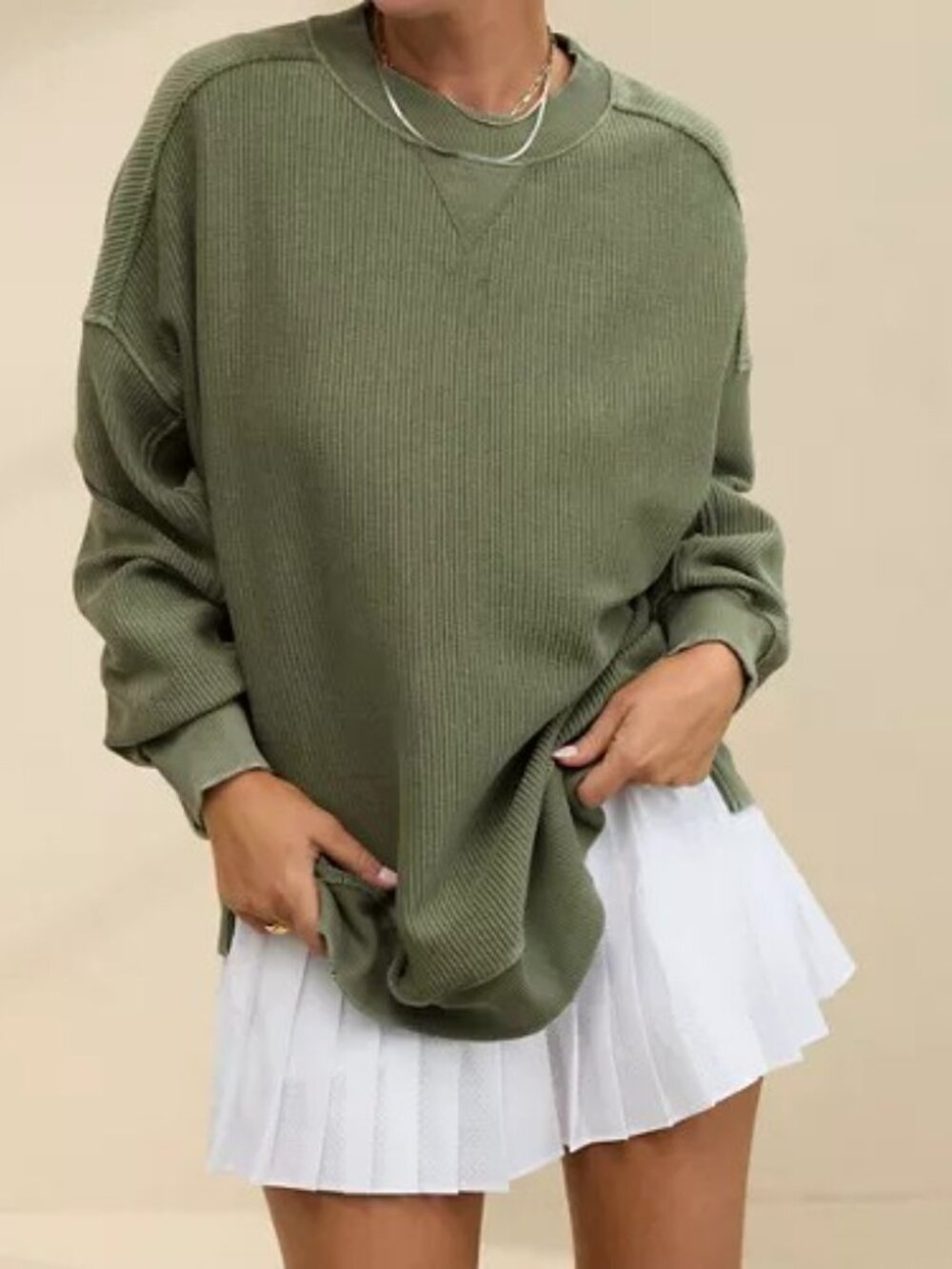 Aerie Big Chill Textured Crewneck Green Oversized Ribbed 100% Cotton Size M